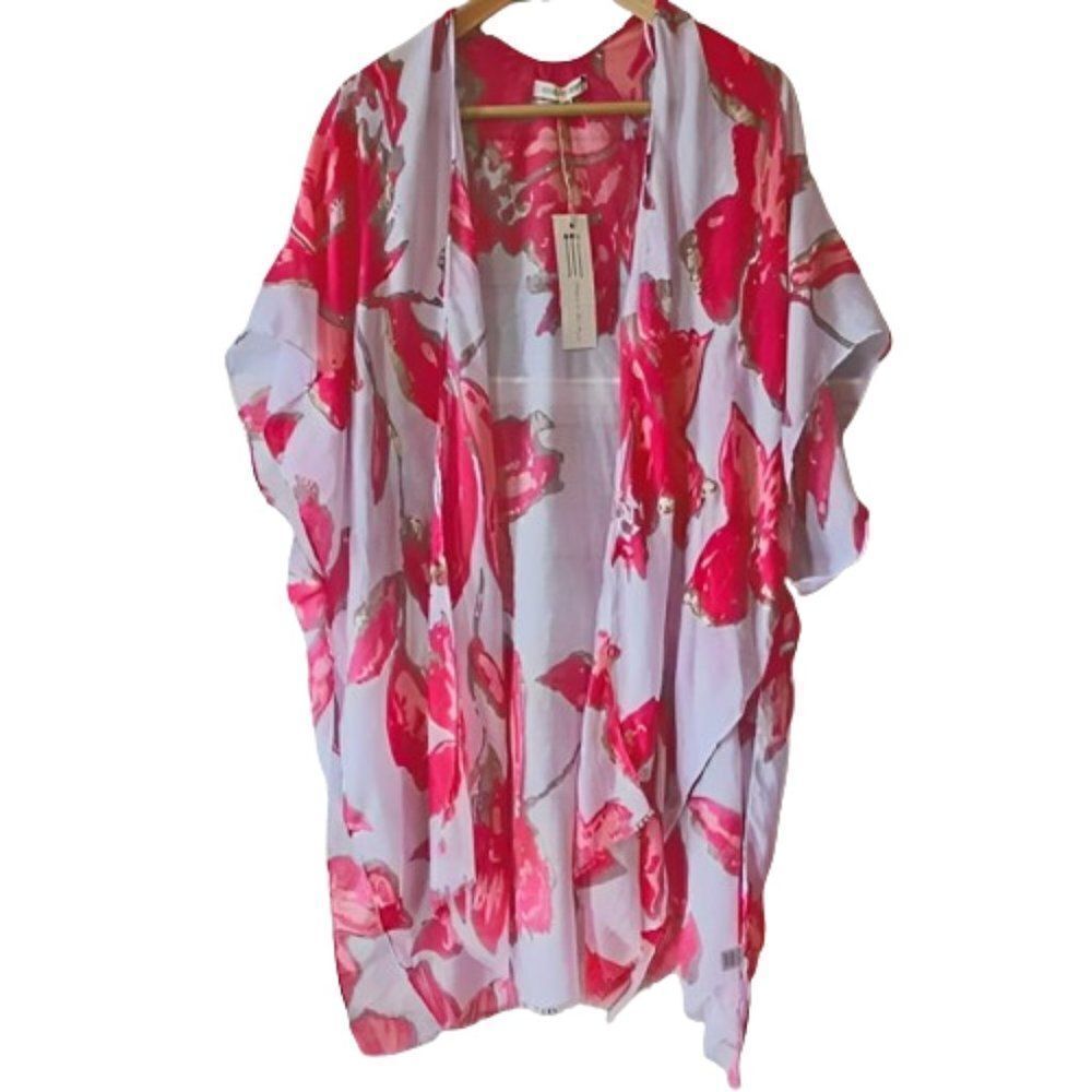 Woven Heart Pink & White Floral Print Kimono cover up beach kaftan Size OS